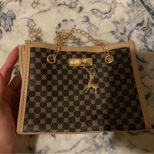 Brown/Tan Monogram Shoulder Bag with Gold Chain Detail